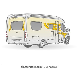 Recreational Vehicle Illustration - Hand drawn image of european RV from back