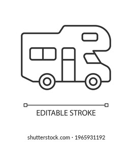 Recreational vehicle linear icon. Roadtrip trailer. Van for touring. Nomadic lifestyle. Thin line customizable illustration. Contour symbol. Vector isolated outline drawing. Editable stroke