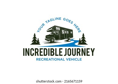 Recreational Vehicle logo design holiday journey traveler river lake scene car trailer
