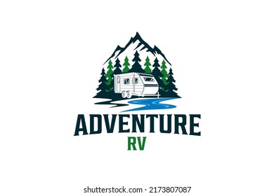 Recreational Vehicle logo design holiday journey traveler river lake scene car trailer