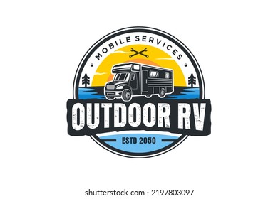 Recreational Vehicle logo design holiday journey traveler river lake scene car trailer
