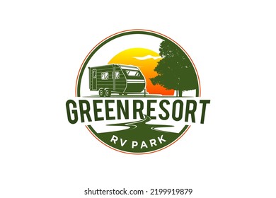 Recreational Vehicle logo design holiday journey traveler river lake car trailer oak tree silhouette