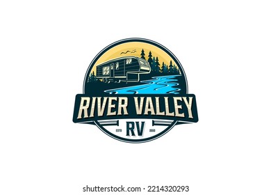 Recreational Vehicle logo design holiday journey traveler river lake scene car trailer