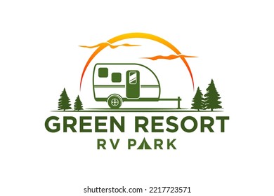 Recreational Vehicle logo design holiday journey traveler RV car trailer pine tree silhouette