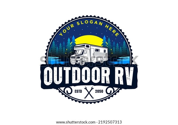 Recreational Vehicle logo design holiday journey\
traveler river lake scene car\
trailer