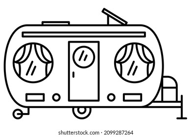 Vehículo recreativo, autohome con ventanas redondas. Un remolque de auto con techo corredizo. Icono del vector, contorno, aislado. Trazo editable