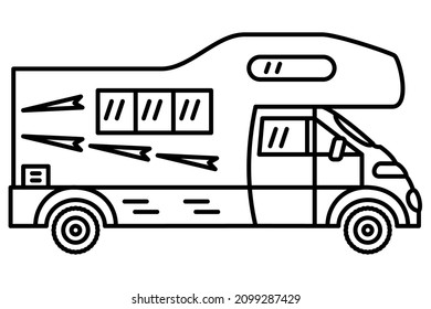 Recreational vehicle, motorhome for travel, family camping. Vector icon, outline, isolated. Editable stroke