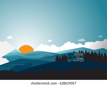 Recreational vehicle on mountain with sun rise. flat landscape. vector illustration. 