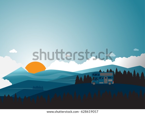 Recreational vehicle on mountain with sun\
rise. flat landscape. vector illustration.\
