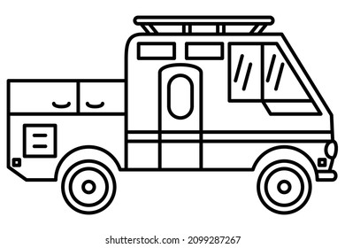 Recreational vehicle, open trunk. A small trailer, a camper for the family. Vector icon, outline, isolated. Editable stroke