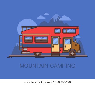 Recreational vehicle, rv near mountain at night. Lorry or truck camper at journey or travel, caravan at mountain camping, motorhome at wildlife trip in north america. Leisure and recreation theme