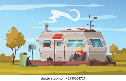 Recreational vehicle trailer summer vacation cartoon composition with man enjoying nature sitting outside mobile home vector illustration