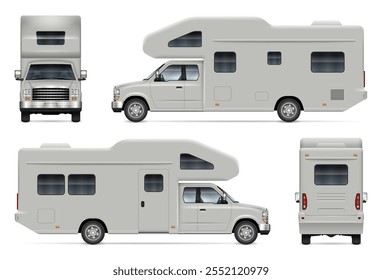 Recreational vehicle vector mockup. Isolated template of camper van in white for vehicle branding, corporate identity. View from left, right, front, back sides, easy editing and recolor