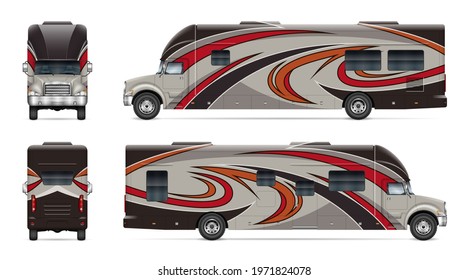 Recreational vehicle vector mockup on white for vehicle branding, corporate identity. View from side, front, back. All elements in the groups on separate layers for easy editing and recolor.