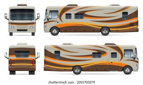 Recreational vehicle vector wrap mockup on white for vehicle branding, corporate identity. View from side, front, back. All elements in the groups on separate layers for easy editing and recolor.