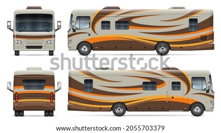 Recreational vehicle vector wrap mockup on white for vehicle branding, corporate identity. View from side, front, back. All elements in the groups on separate layers for easy editing and recolor.