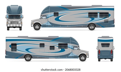 Recreational vehicle wrap mockup on white for vehicle branding, corporate identity. View from side, front, back. All elements in the groups on separate layers for easy editing and recolor.