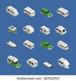 Recreational vehicles isometric icons set on blue background isolated vector illustration