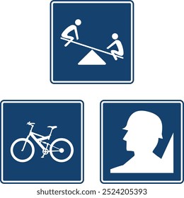 recreational zone, military zone, cycle path, blue sign, pictogram, informative, general services, rectangular, informative rectangular, icon, vector, blue, symbol, information, silhouette