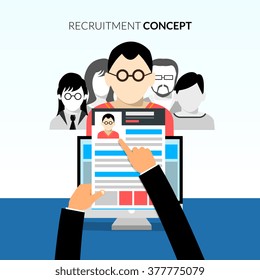 Recruiment flat concept with recruiter holding cv and candidates on background vector illustration