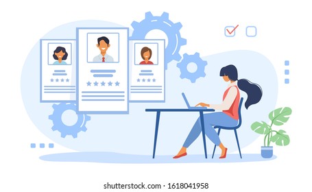 Recruit agent analyzing candidates. HR manager studying employees profiles on internet flat vector illustration. Rate, staff, human resource concept for banner, website design or landing web page