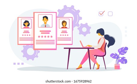 Recruit agent analyzing candidates. HR manager studying employees profiles on internet flat vector illustration. Rate, staff, human resource concept for banner, website design or landing web page