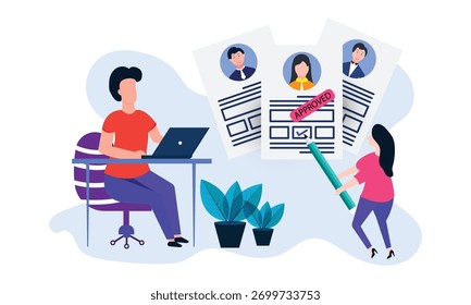 Agente de reclutamiento analizando candidatos. Gerente de recursos humanos estudiando los perfiles de los empleados en el Vector plano de Internet