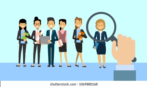 Recruit Hand Hold Magnifying Glass Choosing Business Woman For Vacancy Job Position Human Resources And Recruitment Concept