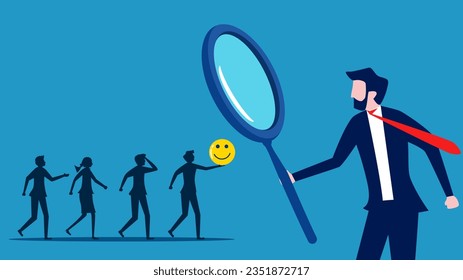 Recruit positive people. Businessman using a magnifying glass to select kind hearted job candidates