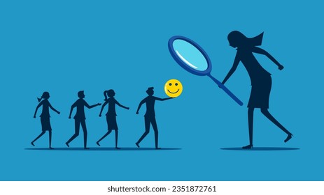 Recruit positive people. Businesswoman using a magnifying glass to select kind hearted job candidates