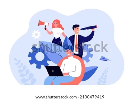 Recruit search by team of managers with megaphone and telescope. Male candidate working with laptop flat vector illustration. Employment, vacancy concept for banner, website design or landing web page
