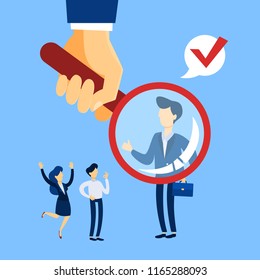Recruiter concept. Idea of choosing a candidate to hire with magnifying glass. Human resources management. Flat line vector illustration
