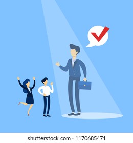 Recruiter concept. Idea of choosing a candidate to hire. Man standing in the spot of light. Human resources management. Flat vector illustration