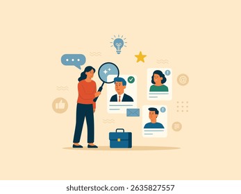 A recruiter evaluates job candidates through profile comparison and status indicators. Resume review, and decision-making in the hiring process. Suitable for HR, recruitment, and career content.