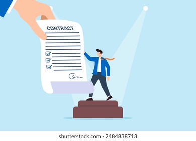 Recruiter hand giving contract to candidate on pedestal concept offering best job top selection celebrating successful hires