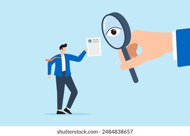 Recruiter hand using magnifying glass with eye to inspect resumes hold by candidate detailed evaluation thorough scrutiny finding best meticulous recruitment