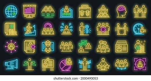 Recruiter icons set. Outline set of recruiter vector icons neon color on black