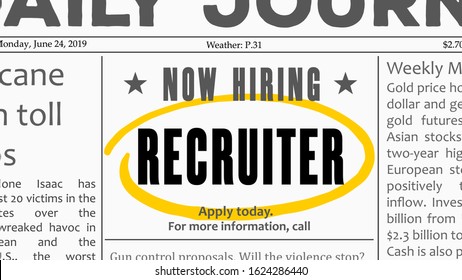 Recruiter job offer. Newspaper classified ad career opportunity.