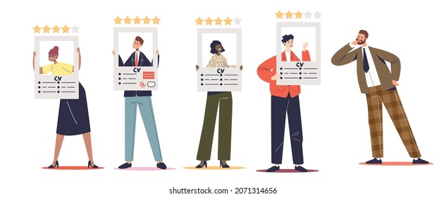 Recruiter man choosing applicant for job position from group of job seekers holding cv resumes. Employees waiting for interview. Hr, hiring and recruitment concept. Flat vector illustration