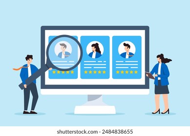 Recruiter reviewing candidate profiles through digital screen concept modern recruitment technology in hiring virtual employee evaluation online screening