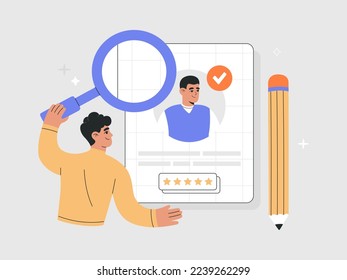 Recruiter searching the best candidate. Hr manager with magnifying glass to chooses employees. Analyzes CV, resume. Hand drawn vector illustration isolated on background, modern flat cartoon style.