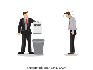 Recruiter Throwing Away The Resume Of A Job Applicants. Concept Of Rejection, Depression And The Poor Job Market. Vector Illustration.