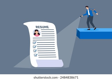Recruiter using flashlight to highlight resumes focused candidate search illuminating top talent detailed scrutiny standout profiles