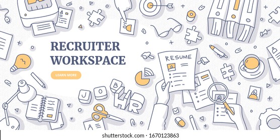 Recruiter workplace doodle concept. Top view on human resource specialist, working with resumes of candidates. Recruitment agency workspace flat lay. Space for text