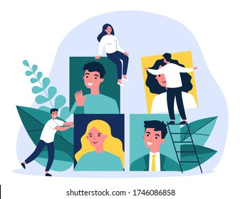 Recruiters analyzing job candidates. HR professionals changing employees pictures. Vector illustration for recruiting agency, business, human resource concept