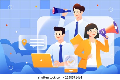 Recruiters of the company are looking for employees, against the background of various data and indicators, vector illustration