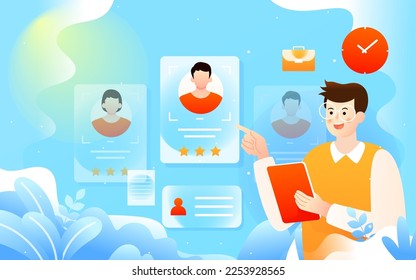 Recruiters of the company are looking for employees, against the background of various data and indicators, vector illustration