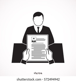 Recruiters hands holding cv and candidate in office. Human resources management concept, searching professional staff. vector illustration in flat design. find person design.