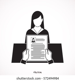 Recruiters hands holding cv and candidate in office. Human resources management concept, searching professional staff. vector illustration in flat design. find person design.