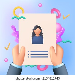 Recruiters hands holding cv. HR management concept. Human resources. Searching professional staff. 3D vector illustration